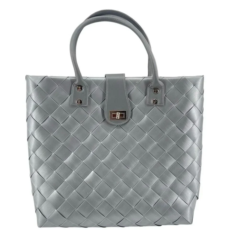 Woven Gray Tote Bag Turn Lock Closure Double Handle Large Carryall